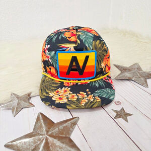 Aviator Nation Black Tropical Hibiscus Floral Snapback Hat AV patch NWOT